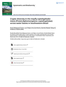 Cryptic Diversity in the Mayfly Leptohyphodes Inanis (Pictet) (Ephemeroptera: Leptohyphidae) Across Water Basins in Southeastern Brazil