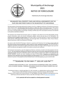 Municipality of Anchorage 2021 NOTICE of FORECLOSURE
