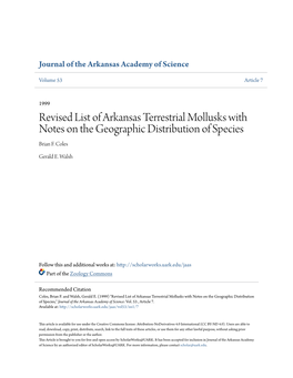 Revised List of Arkansas Terrestrial Mollusks with Notes on the Geographic Distribution of Species Brian F