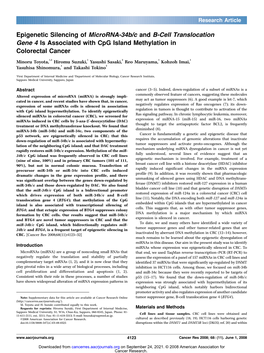 Epigenetic Silencing of Microrna-34B/C and B-Cell Translocation Gene 4 Is Associated with Cpg Island Methylation in Colorectal C