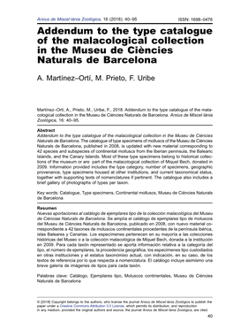 Addendum to the Type Catalogue of the Malacological Collection in the Museu De Ciències Naturals De Barcelona