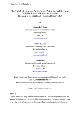 The Global Infrastructure Public-Private Partnership and the Extra- Territorial Politics of Collective Provision: the Case of Regional Rail Transit in Denver, USA