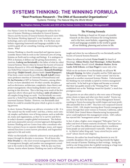 SYSTEMS THINKING: the WINNING FORMULA “Best Practices Research - the DNA of Successful Organizations” “Systems Thinking: the Natural Way the World Works”