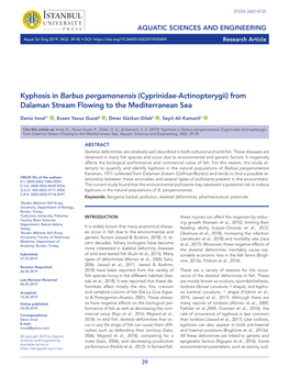 Kyphosis in Barbus Pergamonensis (Cyprinidae-Actinopterygii) from Dalaman Stream Flowing to the Mediterranean Sea