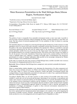 Water Resources Potentialities in the Wadi Mellegue Basin,Tebessa Region, Northeastern Algeria