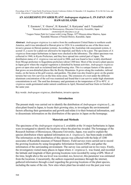 AN AGGRESSIVE INVADER PLANT Andropogon Virginicus L. in JAPAN and HAWAII ISLANDS T. Enomoto , Y. Ozawa , H. Kataoka , S. Kariya