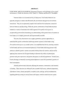 ABSTRACT GARLAPOW, MEGAN ELIZABETH. Quantitative Genetics of Food Intake in Drosophila Melanogaster