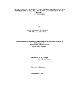 The Exclusion of the African Contribution to the Conceptual Development of Reality, Appearance and Knowledge in the History of Philosophy