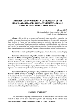 Implementation of Phonetic Orthography of the Ukrainian Language in Galicia and Bukovina in 1892: Political, Legal and National Aspects