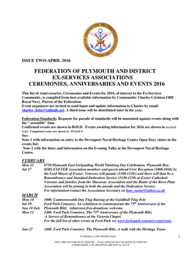 Federation of Plymouth and District Ex-Services Associations Ceremonies, Anniversaries and Events 2016