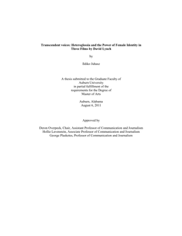 Heteroglossia and the Power of Female Identity in Three Films by David Lynch