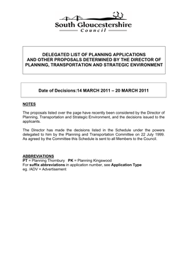 Delegated List of Planning Applications and Other Proposals Determined by the Director of Planning, Transportation and Strategic Environment