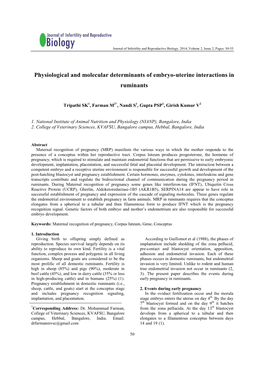 Physiological and Molecular Determinants of Embryo-Uterine Interactions in Ruminants