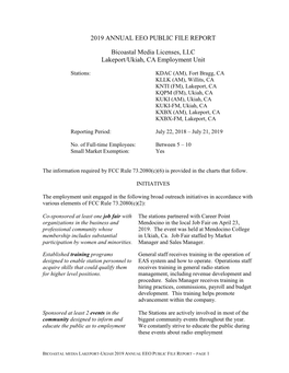 2019 ANNUAL EEO PUBLIC FILE REPORT Bicoastal Media Licenses, LLC Lakeport/Ukiah, CA Employment Unit