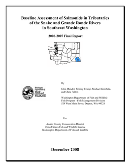 Baseline Assessment of Salmonids in Tributaries of the Snake and Grande Ronde Rivers in Southeast Washington