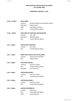 Final Schedule for Mayor Bill De Blasio City of New York