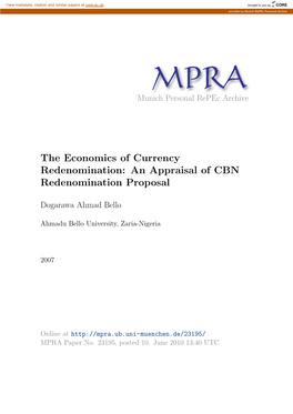 The Economics of Currency Redenomination: an Appraisal of CBN Redenomination Proposal