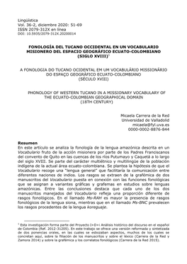 Fonología Del Tucano Occidental En Un Vocabulario Misionero Del Espacio Geográfico Ecuato-Colombiano (Siglo Xviii)1