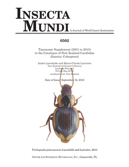 Taxonomic Supplement (2001 to 2015) to the Catalogue of New Zealand Carabidae (Insecta: Coleoptera)