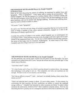 THE POWER of MYTH with Bill Moyers by Joseph Campbell 1 INTRODUCTION Once, As We Were Discussing the Subject of Suffering, He Mentioned in Tandem Joyce and Igjugarjuk