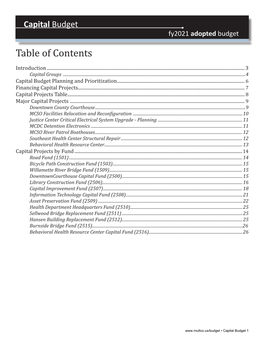 Capital Budget Fy2021 Adopted Budget Table of Contents