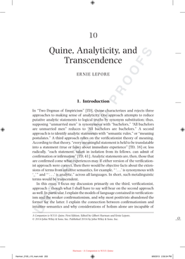 Quine, Analyticity, and Transcendence