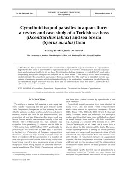 Cymothoid Isopod Parasites in Aquaculture: a Review and Case Study of a Turkish Sea Bass (Dicentrarchus Labrax) and Sea Bream (Sparus Auratus) Farm