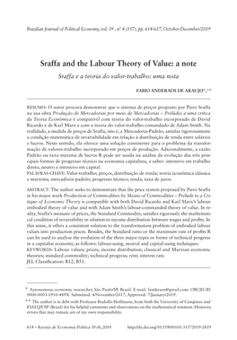 Sraffa and the Labour Theory of Value: a Note Sraffa E a Teoria Do Valor-Trabalho: Uma Nota