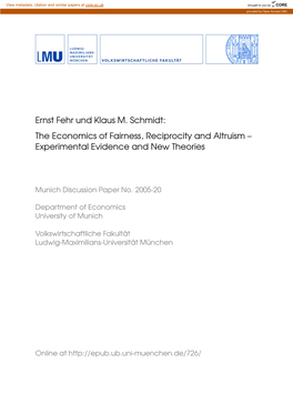 Ernst Fehr Und Klaus M. Schmidt: the Economics of Fairness, Reciprocity and Altruism – Experimental Evidence and New Theories