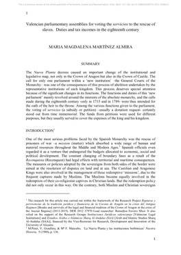 Valencian Parliamentary Assemblies for Voting the Servicios to the Rescue of Slaves. Duties and Tax Incomes in the Eighteenth Century