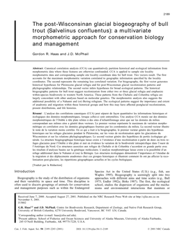 The Post-Wisconsinan Glacial Biogeography of Bull Trout (Salvelinus Confluentus): a Multivariate Morphometric Approach for Conservation Biology and Management