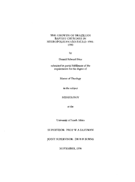 THE GROWTH of BRAZILIAN BAPTIST CHURCHES in METROPOLITAN Sao PAULO: 1981- 1990