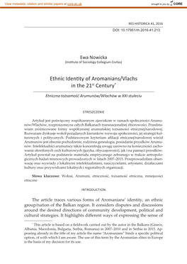 Ethnic Identity of Aromanians/Vlachs in the 21St Century*