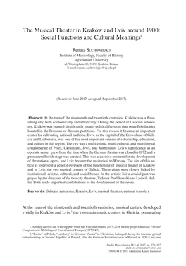 The Musical Theater in Kraków and Lviv Around 1900: Social Functions and Cultural Meanings1