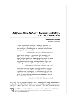 Alchemy, Transubstantiation, and the Homunculus Mary Baine Campbell Brandeis University