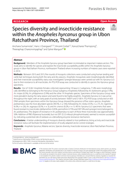 Species Diversity and Insecticide Resistance Within the Anopheles Hyrcanus Group in Ubon Ratchathani Province, Thailand Anchana Sumarnrote1, Hans J