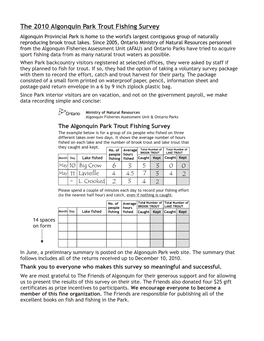 2010 Algonquin Park Trout Fishing Survey Algonquin Provincial Park Is Home to the World's Largest Contiguous Group of Naturally Reproducing Brook Trout Lakes