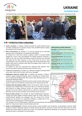 Ukraine October 2018 the Protection Cluster Includes Sub-Clusters on Child Protection, Gender Based Violence and Mine Action