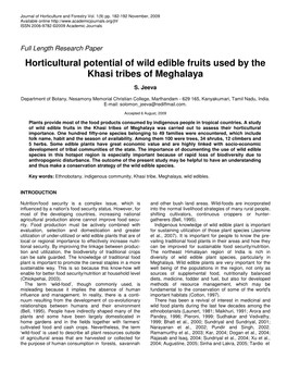 Horticultural Potential of Wild Edible Fruits Used by the Khasi Tribes of Meghalaya