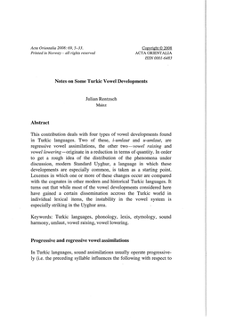 Notes on Some Turkic Vowel Developments Abstract Julian Rentzsch This Contribution Deals with Four Types of Vowel Developments F