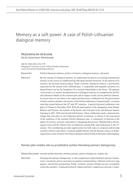 Memory As a Soft Power: a Case of Polish-Lithuanian Dialogical Memory