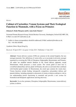 Venom Systems and Their Ecological Function in Mammals, with a Focus on Primates