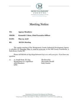Montgomery County Industrial Development Agency Is Schedule for Thursday, May 17, 2018 at 4:30 P.M