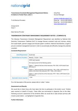 Transmission Constraint Management Requirement Notice: Invitation To