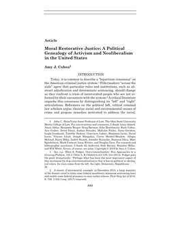 Article Moral Restorative Justice: a Political Genealogy of Activism and Neoliberalism in the United States