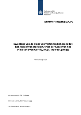 4.OPV Inventaris Van De Plans Van Vestingen Behorend Tot Het Archief Van Oorlog/Archief Der Genie Van Het Ministerie Van Oorlog