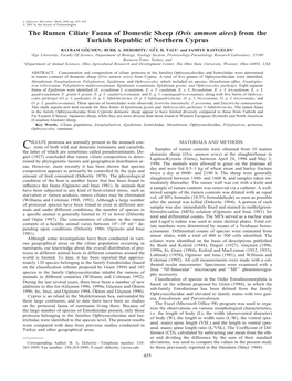 The Rumen Ciliate Fauna of Domestic Sheep (Ovis Ammon Aires) from the Turkish Republic of Northern Cyprus