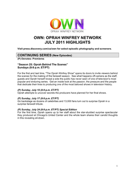 Oprah Winfrey Network July 2011 Highlights