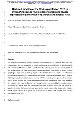 Reduced Function of the RNA Export Factor, Nxt1, in 2 Drosophila Causes Muscle Degeneration and Lowers 3 Expression of Genes with Long Introns and Circular RNA