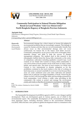 Community Participation in Natural Disaster Mitigation Based on Local Wisdom 